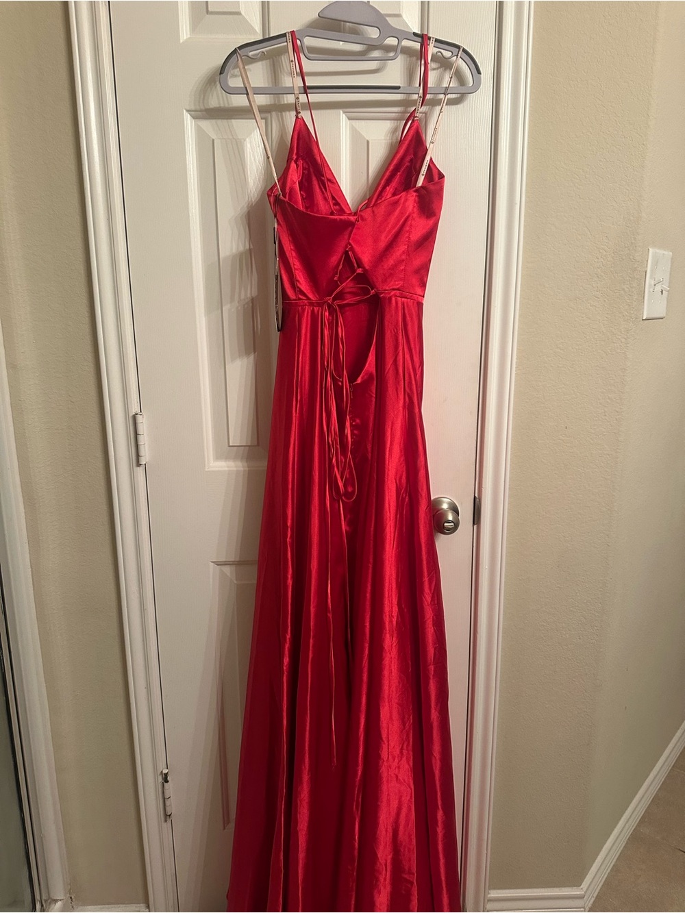 NWT Faviana Red Satin V-Neck Spaghetti Strap Maxi Prom Bridesmaid Slit Dress - Picture 2 of 10